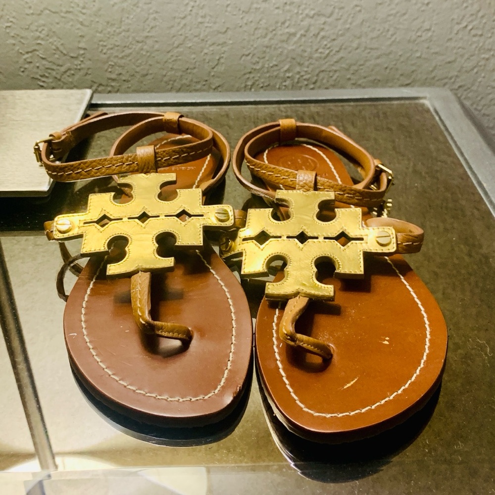 Tory Burch Brown Leather Sandals with Gold Logo Emblem